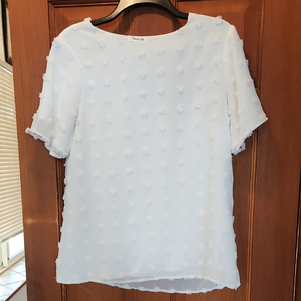 Elegant White Textured Chifon Women's Polka Dot Top